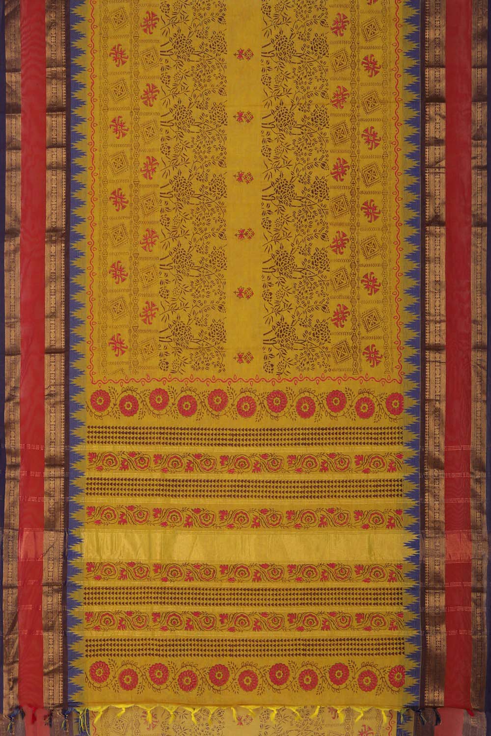 Image of Lime green block printed south cotton saree